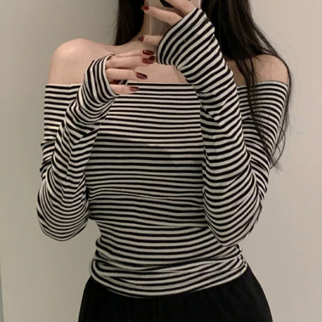 South Korea Dongdaemun New Products Recommend Good Goods Sexy Shoulder Stripe Slimming Comfortable Long Sleeve T-Shirt