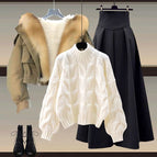 Hooded cotton jacket + rice sweater + black skirt three-piece set / M recommendation 40-50kg