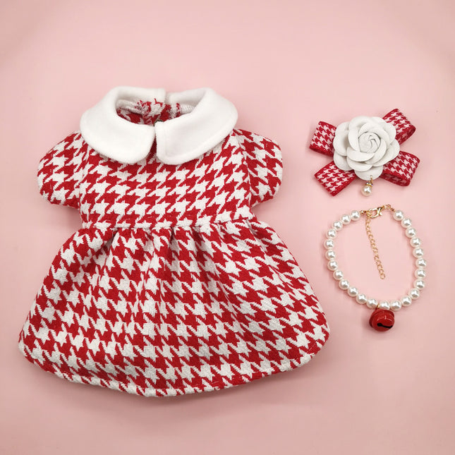 Dog Cat Chanel Style Houndstooth Woolen Coat Pet Clothing Autumn Winter XS-XL Necklace Corsage Lace Skirt / Vêtement Chien Chat Style Chanel Pied-de-Poule Laine Manteau Automne Hiver XS-XL Collier Corsage Jupe Dentelle