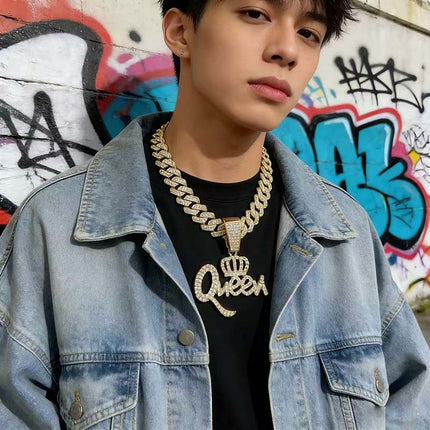 European and American Hip-Hop Rhinestone Letter Trendy Queen Pendant Cuban Chain Necklace New Fashion Trendy Brand Source Factory
