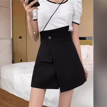 Irregular design suit culottes European and American high waist shorts women's A- line hip slimming temperament row button front skirt back pants