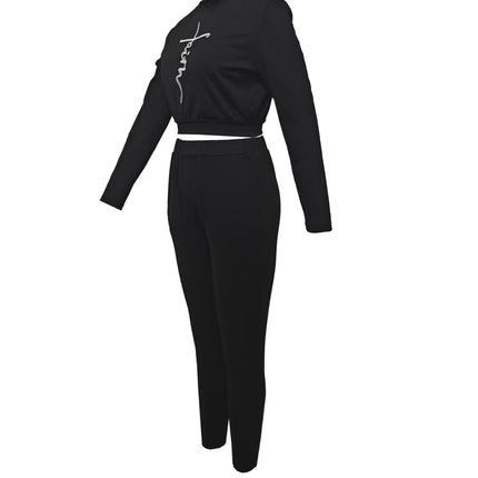 Y045 Cross-Border Women's Clothing Amazon Letter Embroidery Crop Top Long-Sleeve Long Pants Stylish Workwear Comfortable Casual Wear