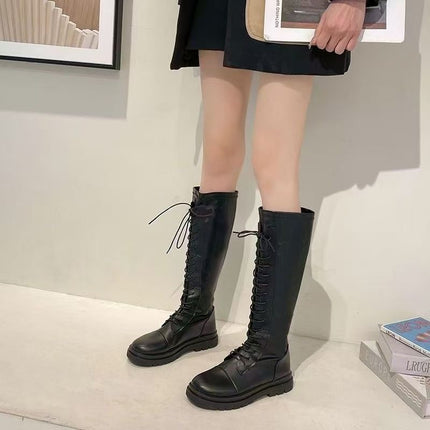 Knight Boots Women's 25 Autumn and Winter New Versatile Elastic Slim Boots Lace-Up High Boots Flats Bottom No-Knee Boots