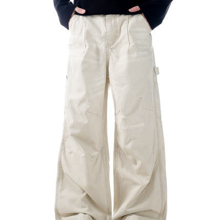 11Kn American Retro Straight Cargo Pants for Men and Women, Slimming Look, Knife-Cut, Frayed, Distressed, Pure Cotton, Trendy Logging Casual Pants