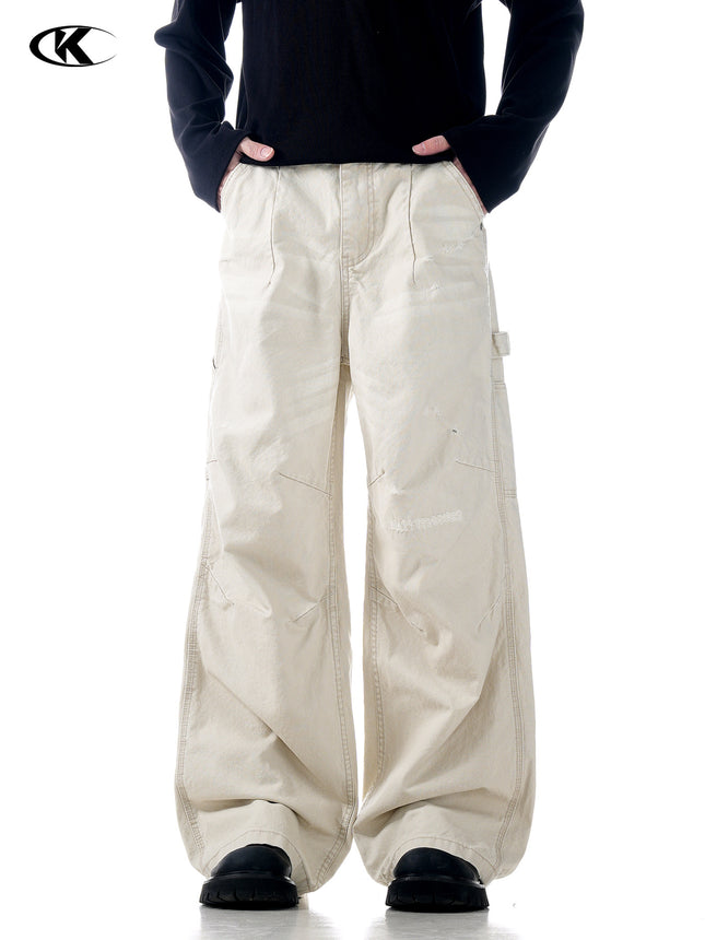 11Kn American Retro Straight Cargo Pants for Men and Women, Slimming Look, Knife-Cut, Frayed, Distressed, Pure Cotton, Trendy Logging Casual Pants