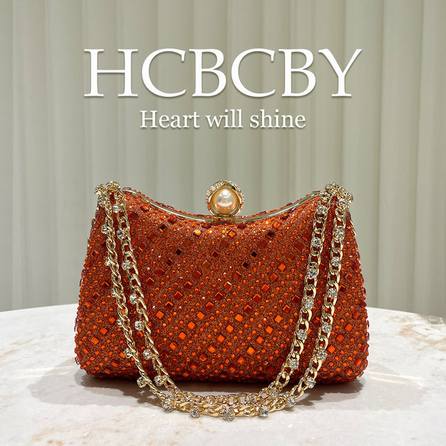 Orange Flash Luxury Rhinestone Decoration Evening Bag Women's Fashionable Elegant High-end Clutch Bag