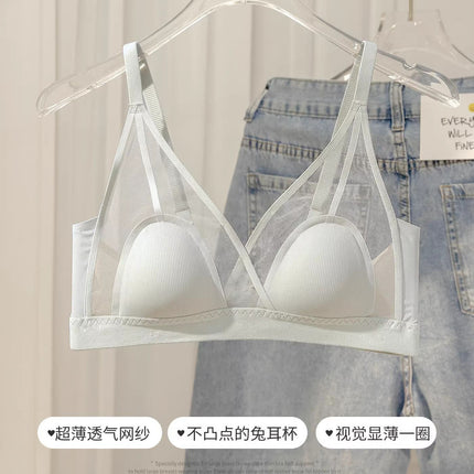 French-Style Summer Women's Thin Bra for Small Busts, Sexy Ultra-Thin Breathable Bra with Triangle Cups, Wireless, Makes Large Busts Appear Smaller