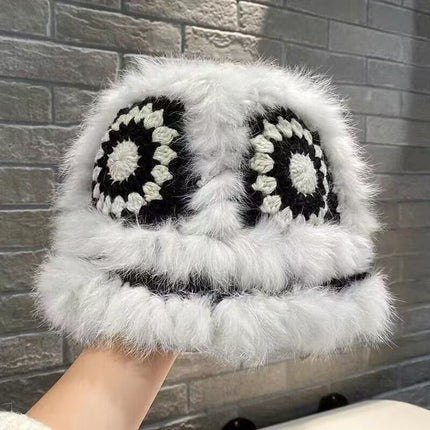Autumn and Winter New Real Rex Rabbit Fur Knitted Hat All-match Tiger Head Lion Hats Warm Furry Face Show Girl