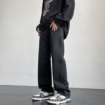 24 Winter New Men's Mop Jeans Solid Color All-match Retro Hong Kong Style Trendy Loose Straight Pants Overalls