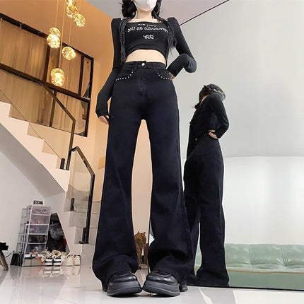 Vintage Blue High-Waisted Slimming Flared Jeans for Women, Summer Non-Stick Leg Bootcut Pants, Spring and Autumn Versatile