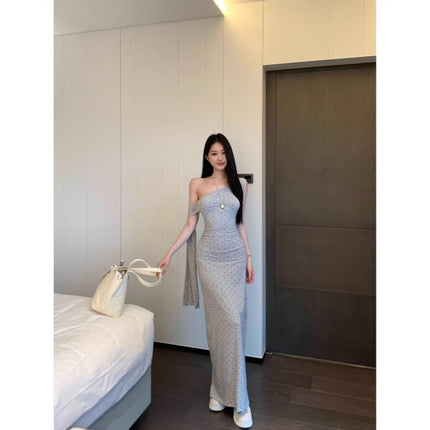 Irregular Grey Wave Dot Inclined Shoulder dress Women's Summer Pure Desire Waist Fishtail Skirt Figure Hip Dress