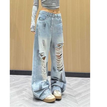 Trendy High-Waisted Ripped Wide-Leg Jeans for Women, Summer 2025 New Style, Slimming and Floor-Length