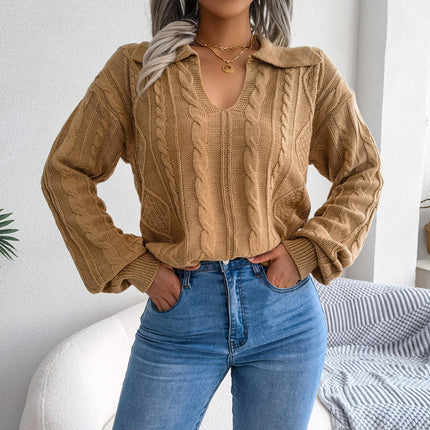 Clearance Sale: Autumn/Winter European and American Style Casual Turn-Down Collar Cable Knit Lantern Sleeve Sweater - Amazon Cross-Border Women's Fashion