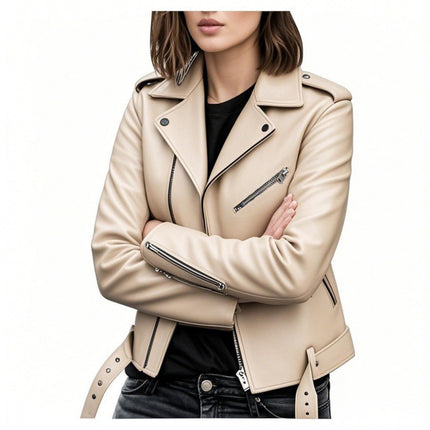 Cross-Border 2026 New European and American Style Motorcycle Leather Jacket, Spring and Autumn Women's Short Slim-Fit Leather Coat