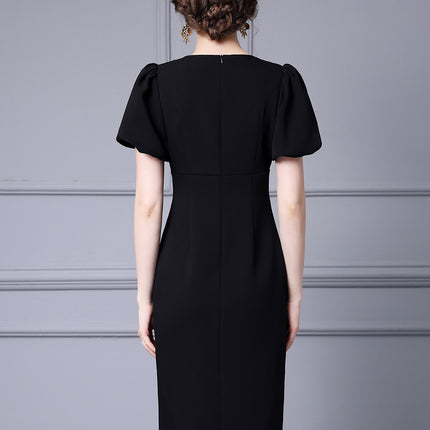 Zhili French-Style Feminine Dress 2026 Summer Handmade Rhinestone Puff Sleeves Side Slit Bodycon Dress That Enhances the Figure