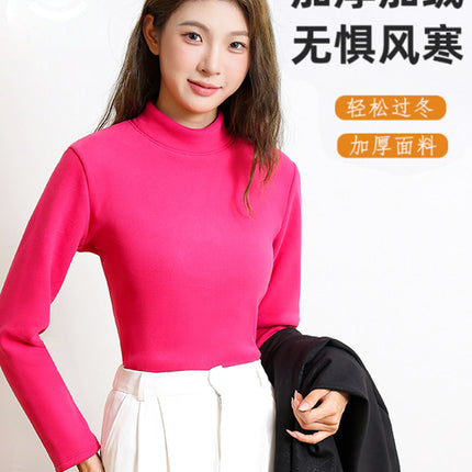 New Women's Base Layer Top for Autumn and Winter, Red Long-Sleeve Brushed Fleece Thickened Thermal Underwear Versatile High-Neck Top