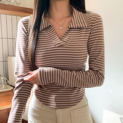 South Korea's Dongdaemun New Product Polo Collar Pinstripes Elastic Waist Short Long-Sleeved T-Shirt Top Women's Trendy