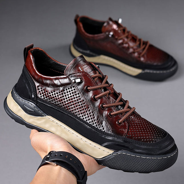Men's Board Shoes Casual Leather Shoes Men's Summer Hollow Breathable Leather Sandals Real Cowhide sneaker Youth Shoes Black