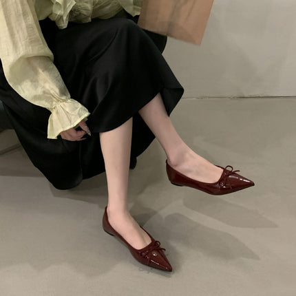 French-Style Bow Shallow Mouth Single Shoes 2025 Early Summer New Slip-On Patent Leather Shoes Versatile Simple Pointed Toe Work Shoes