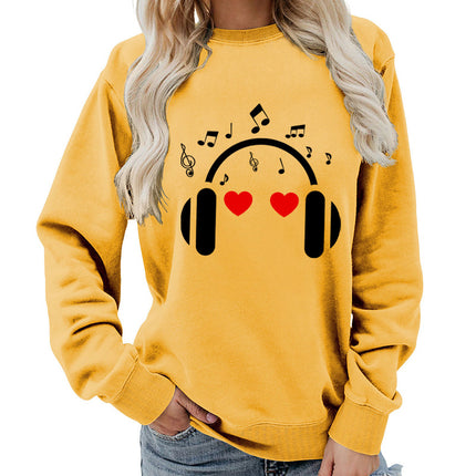 Music Headphones Love Printed Round Neck Women's Top Sweatshirt Foreign Trade Supply Autumn and Winter Coat Casual Loose European Size