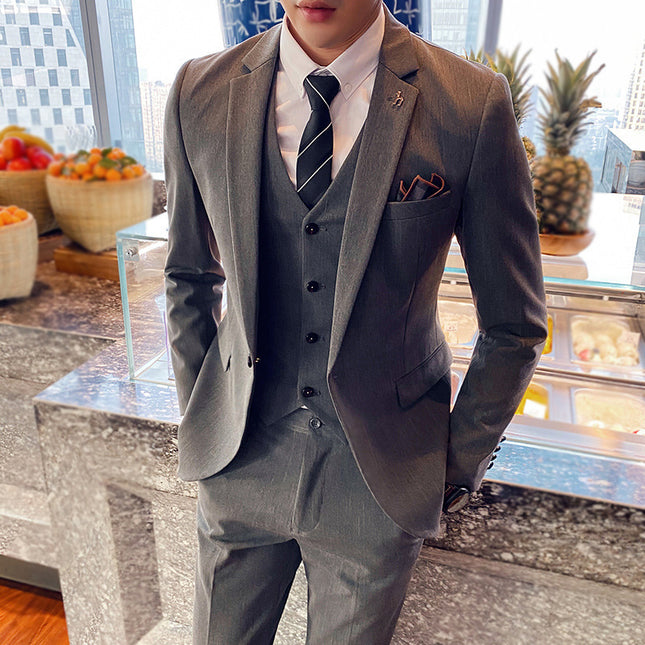 Long-term men's suit suit Korean slim fit suit three-piece suit solid color casual formal suit suit men