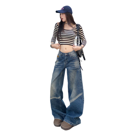 Raccoon House # American Retro Distressed Heavy Wash Denim Jeans for Women 2025 Autumn Loose Straight Wide-Leg Floor-Length Pants