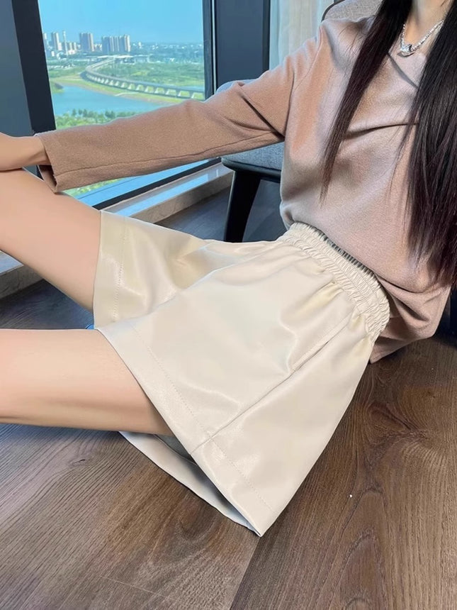 pu leather shorts women's 2023 autumn and winter new high waist a figure slim wide leg pants small casual outer boot pants