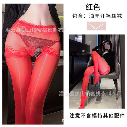 Fun Oil Shiny Silk Stockings Sexy Mesh Transparent Horse Oil Jumper Socks High Waist Hip Lifting Open Gear Free Socks for Hair