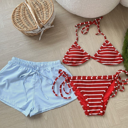 [Free Vacation] Hot Girl Pure Desire Style Red and White Stripes Whitening Seaside Vacation Beach Separates Swimsuit Bikini