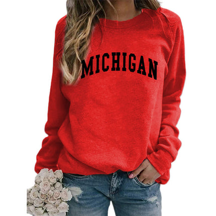 Cross-border supply of European and American foreign trade MICHIGAN printed crew neck sweater top women's coat autumn and winter European size