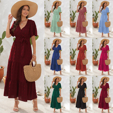 Cross-Border V-Neck High-Waist Strappy Dress Fur Ball Long Short-Sleeved Dress Vacation Travel Dress