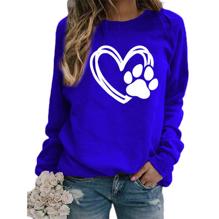 Cross-border Foreign Trade Supply Dog Feet Love Printed Round Neck Jacket Women's Long Sleeve European Size plus size Loose