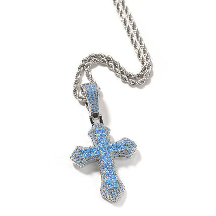 European and American Hip Hop Cross Pendant Jewelry Necklace Large Copper Set Purple Zircon Light Luxury Sweater Necklace Wholesale