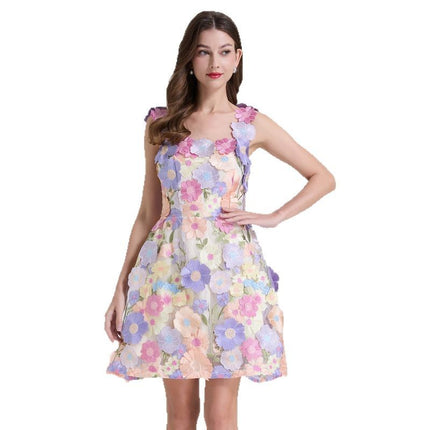 Real Shot of 6 Colors European Heavy Embroidery Floral Slim-Fit Spaghetti Strap Dress Niche Mini Dress