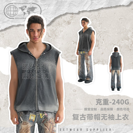 ETAI Men's Wear | American Retro Cardigan with Hat Heavy Sleeveless Top high quality Washed Spray Monkey Scattered T-Shirt