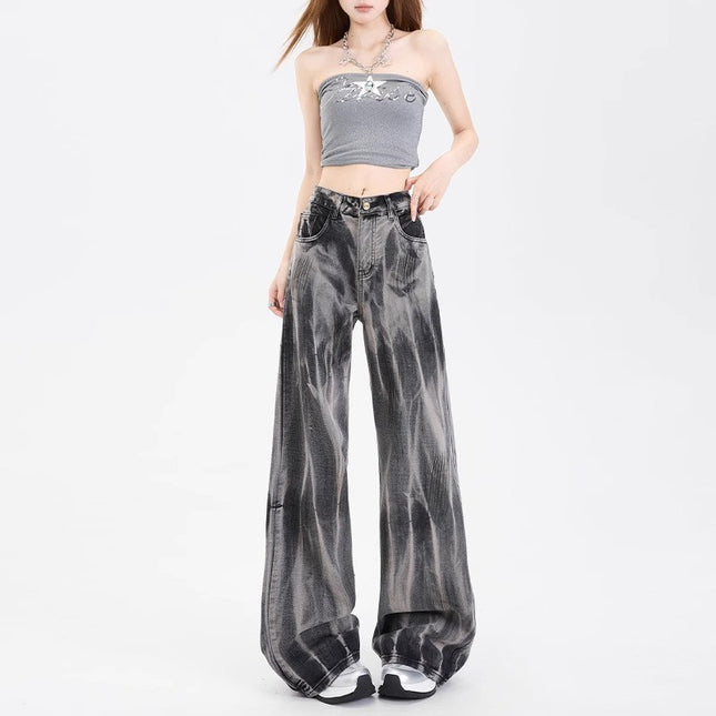 Ripple Tie-Dye High-Waisted Wide-Leg Jeans for Women, Trendy and Versatile 2025 New Loose Slimming Design Long Pants