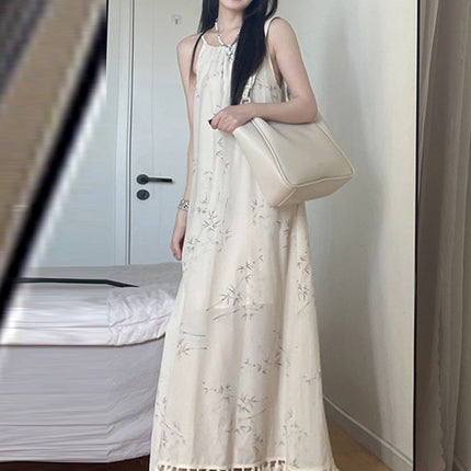 New Chinese Style Light Guofeng Skirt Hem Tassel Elegant Sling Loose Cool Zen dress Seaside Vacation