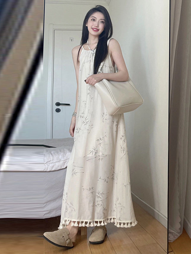 New Chinese Style Light Guofeng Skirt Hem Tassel Elegant Sling Loose Cool Zen dress Seaside Vacation
