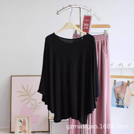 Soft Thin Bat Sleeve T-Shirt for Women Spring and Summer New Large Size Loose Slim Round Neck Top for Outer Wear Large Women's Clothing