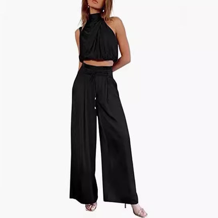 Women's 2-Piece Suit 2023 Summer Fashion Casual Sleeveless Boat Neck Crop Top Wide-Leg Pants