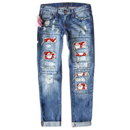 Cross-Border Amazon Hot-Selling European and American Women's Ripped Printed Patch Jeans Mid-Waist Straight Pants in Stock