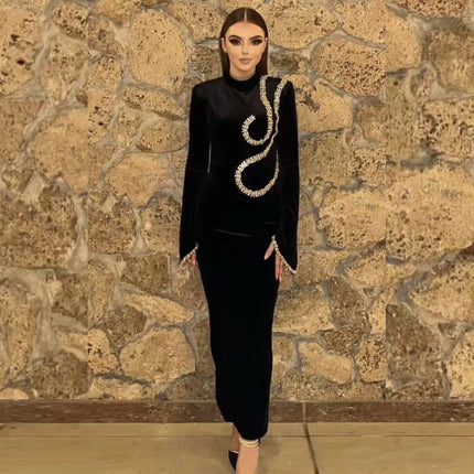 Europe and the United States cross-border new nail drill long sleeve tight bandage dress socialite elegant banquet dress dress