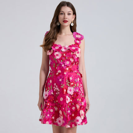 Real Shot of 6 Colors European Heavy Embroidery Floral Slim-Fit Spaghetti Strap Dress Niche Mini Dress