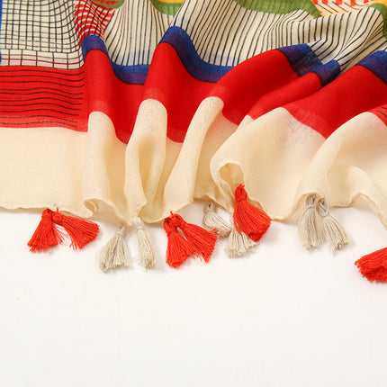 New Retro Striped Sunscreen Shawl Women's Summer Geometric Beach Towel Thin Cotton and Linen Scarf Long Silk Scarf