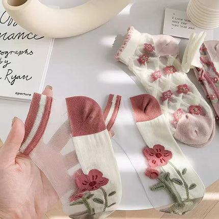 Glass Silk Stockings Children's Shallow Socks Thin Spring and Summer Crystal Silk Sweet Mori Short Tube Boat Socks Student Socks Flowers