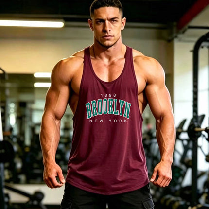 Summer Men's Vest Thin Strap Sports European and American Bodybuilding Fitness T-shirt Printed logo Waistle I-Shoulder Loose Men
