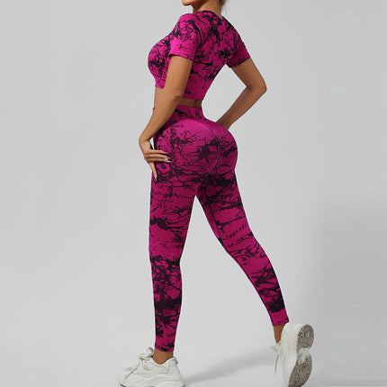 Cross-Border Seamless Tie-Dye Yoga Wear Beautiful Back Sports Bra High Waist Peach Butt Lift Fitness Tights Suit for Women