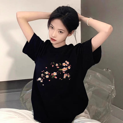Summer Pure Cotton Short-Sleeved T-Shirt for Women 2026 Plum Blossom Print Design Niche American High Street Loose Half-Sleeved Top