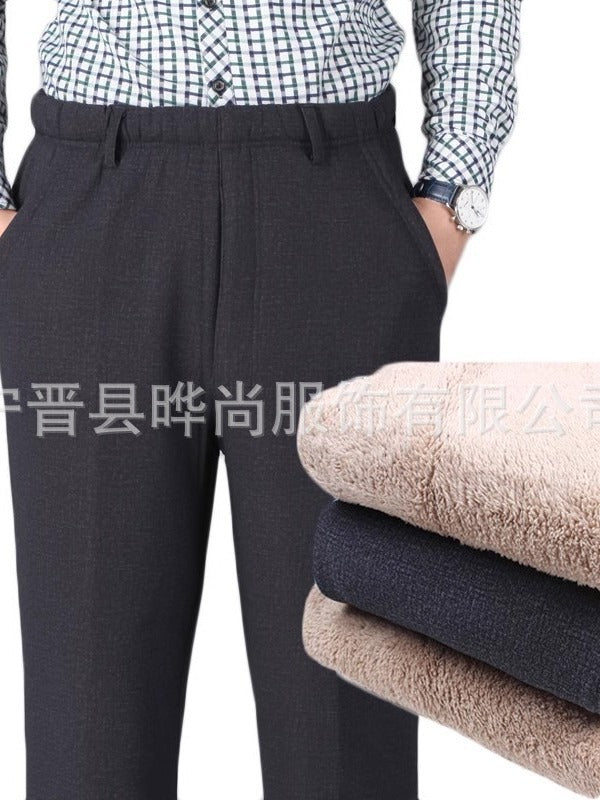 Plus Size Plus Fat Plus Size Dad Thickeneded Velvet Stretch Casual Pants Middle-Aged and Elderly Cotton Pants High Waist Deep Crotch Pants for Men