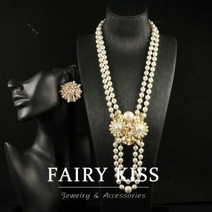 Middle Ancient New Style Heavy Industry Woven Pearl Chain Flower Vintage Alloy Hollow Pattern Design Women's Necklace Earrings